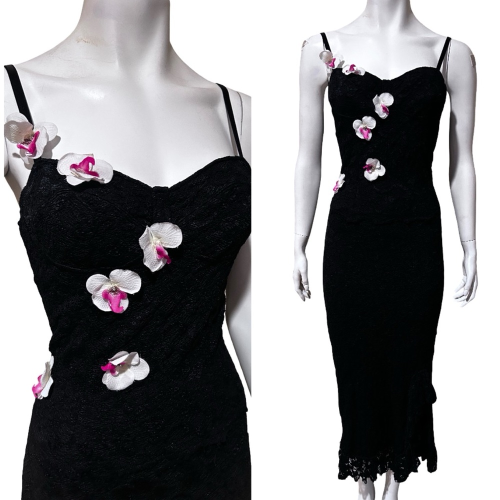 Vintage Maggie Barry  Black Lace Bodycon w/3D Floral Appliqué Y2K Midi Dress